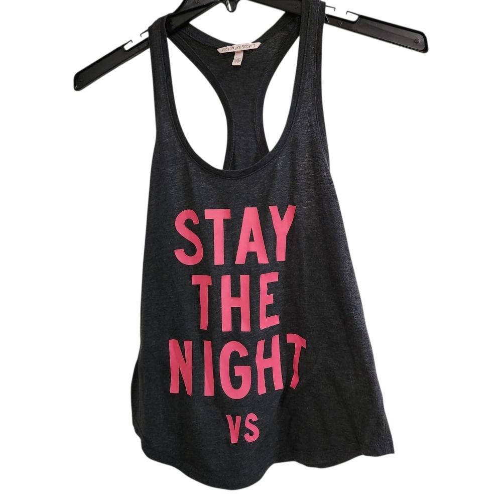 Victorias Secret Tank Top Womens Sz S/P Gray Stay The Night Print Logo RacerBack